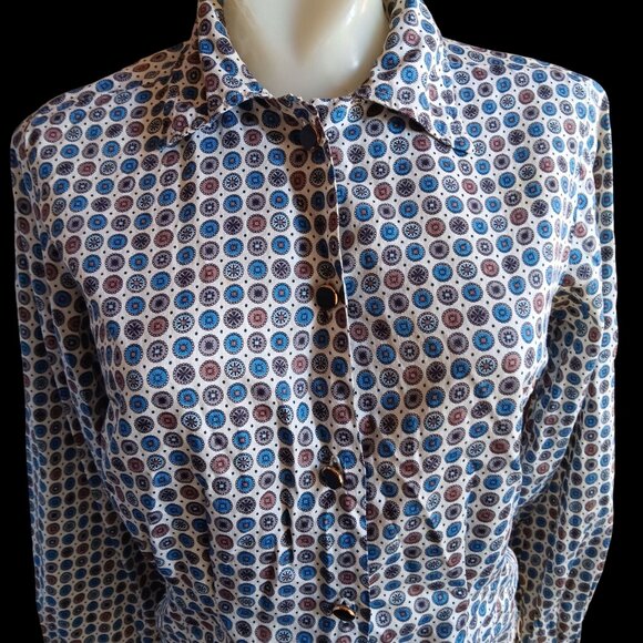 Vintage Women's Medium Granny Top 1960's Blouse Geometric Medallions Cutoff Hem - Picture 1 of 9